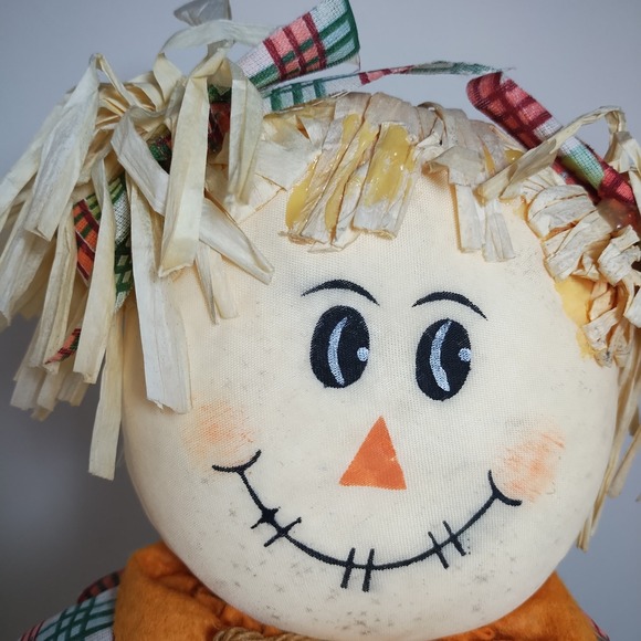 22" Standing ScareCrow Fall Denim‎ Dress Plaid Autumn Thanksgiving Decor Girl - Picture 2 of 9